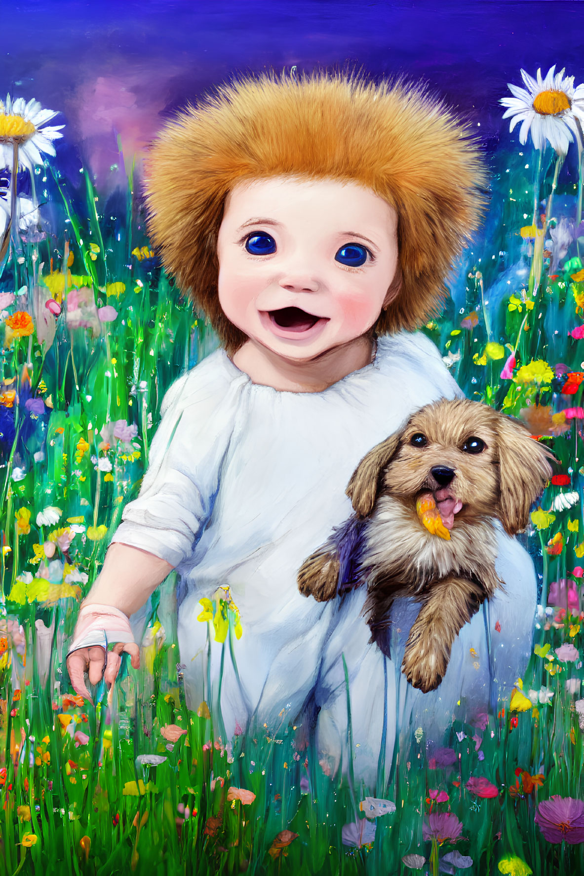 Smiling baby with puppy among wildflowers under blue sky