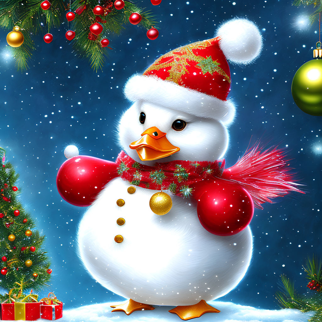 Snowman with Duck Features in Santa Hat and Scarf, Christmas Scene