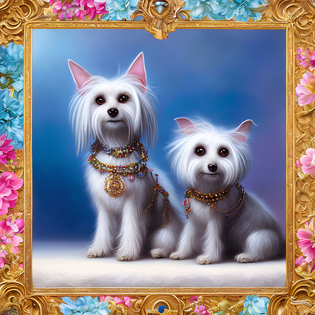 Two small white dogs with embellished collars in ornate golden frame surrounded by vibrant flowers.