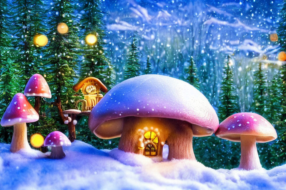 Whimsical winter landscape with illuminated mushroom houses