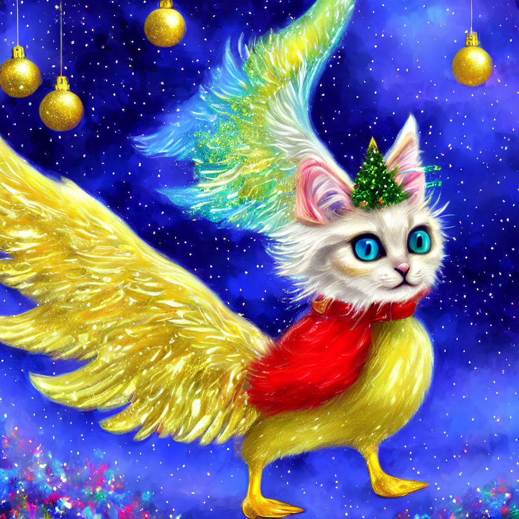 Whimsical winged cat with Christmas tree hat in snowy sky