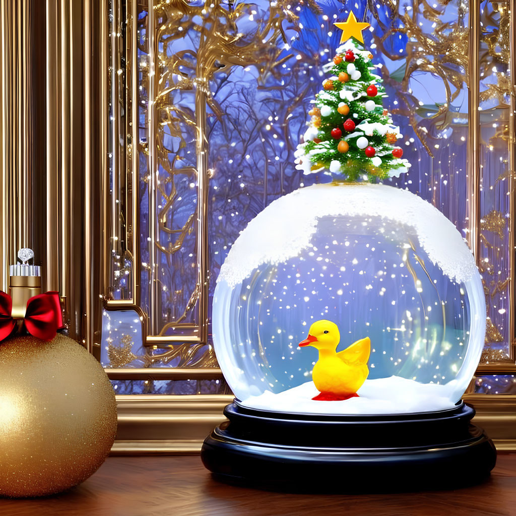 Snow Globe with Rubber Duck, Christmas Tree, and Winter Scene on Windowsill