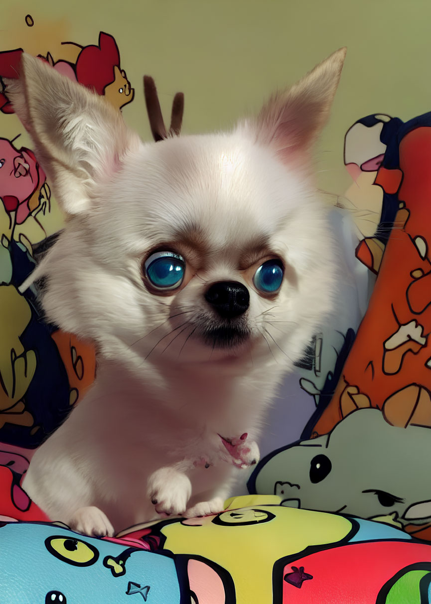 White Chihuahua with Blue Eyes in Cartoonish Background