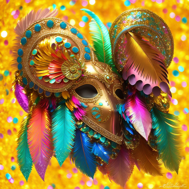 Golden Masquerade Mask with Feathers and Glitter on Gold Background