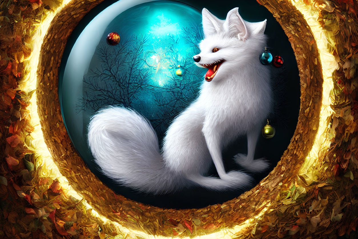 White Fox with Blue Eyes in Autumn and Christmas Scene