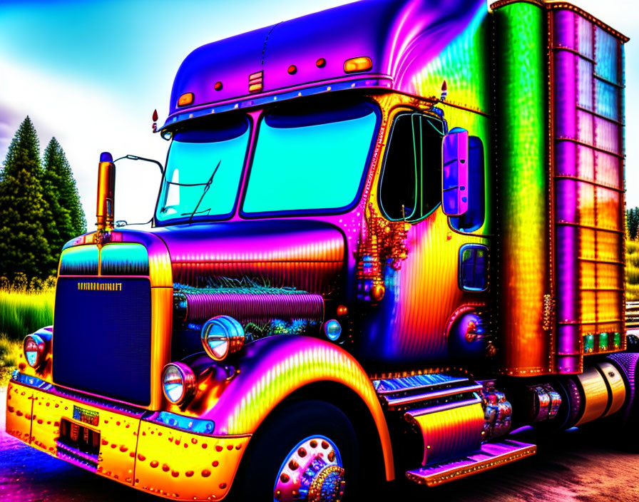 Colorful Semi-Truck with Chrome Trailer Parked by Trees