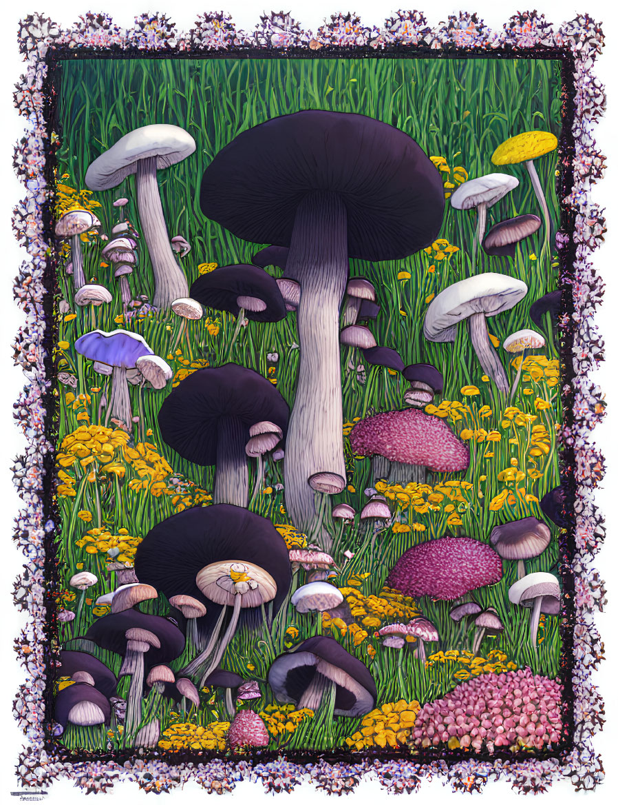 Colorful Mushroom Illustration Surrounded by Floral Border