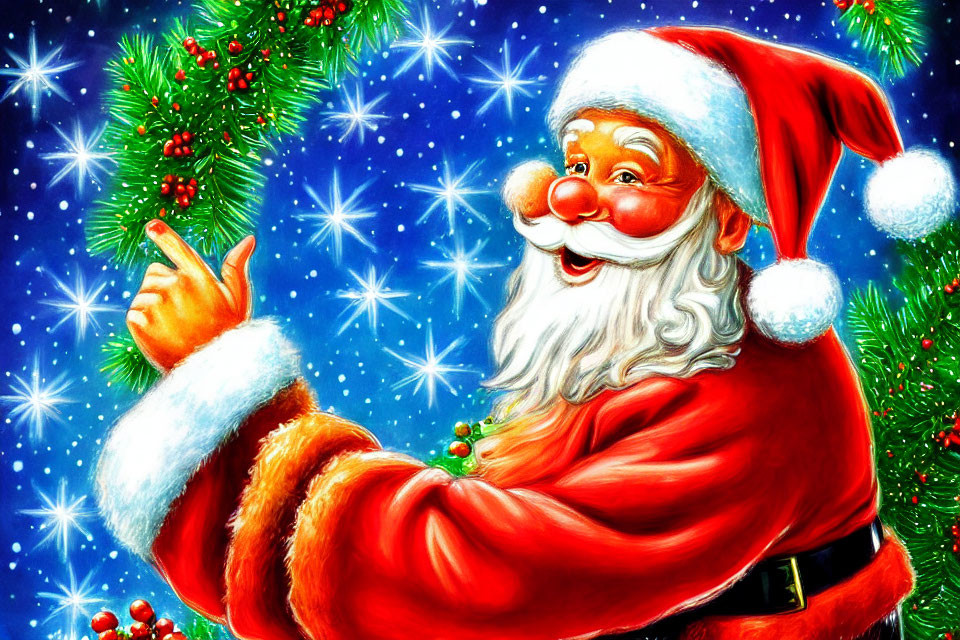 Cheerful Santa Claus illustration pointing up against starry Christmas night