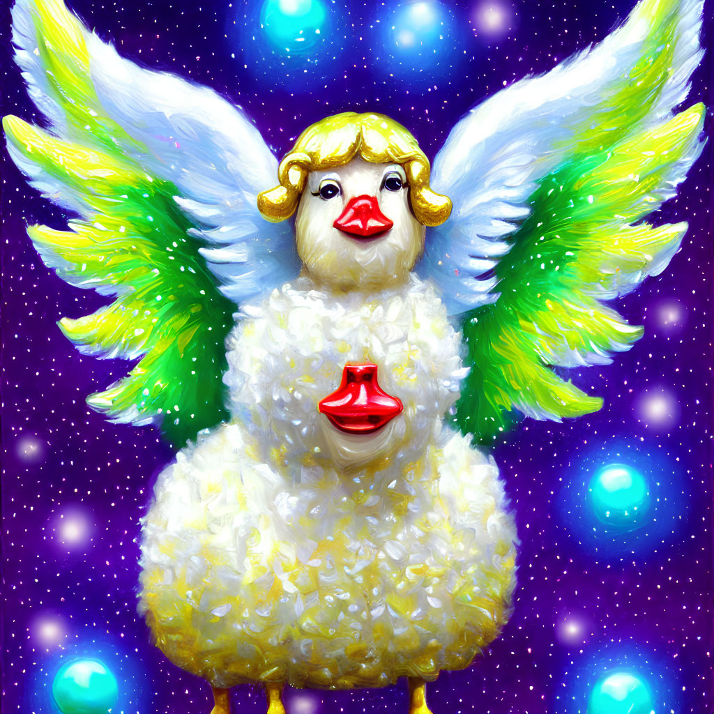 Whimsical sheep-like creature with angelic wings, blonde bob, red lips, in starry