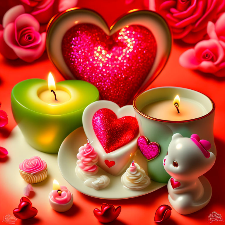 Valentine's Themed Image: Hearts, Roses, Candles, Bunny Figurine, S