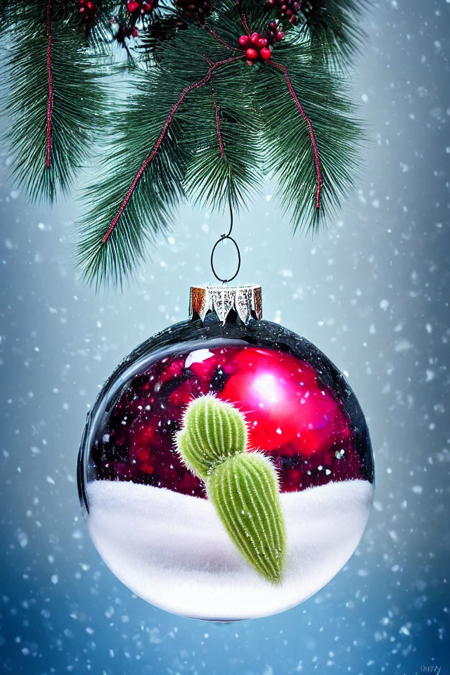 Shiny red and silver Christmas bauble with snow-covered cactus on fir branch