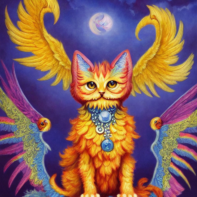 Colorful Cat Painting with Wings and Moon on Blue-Purple Background