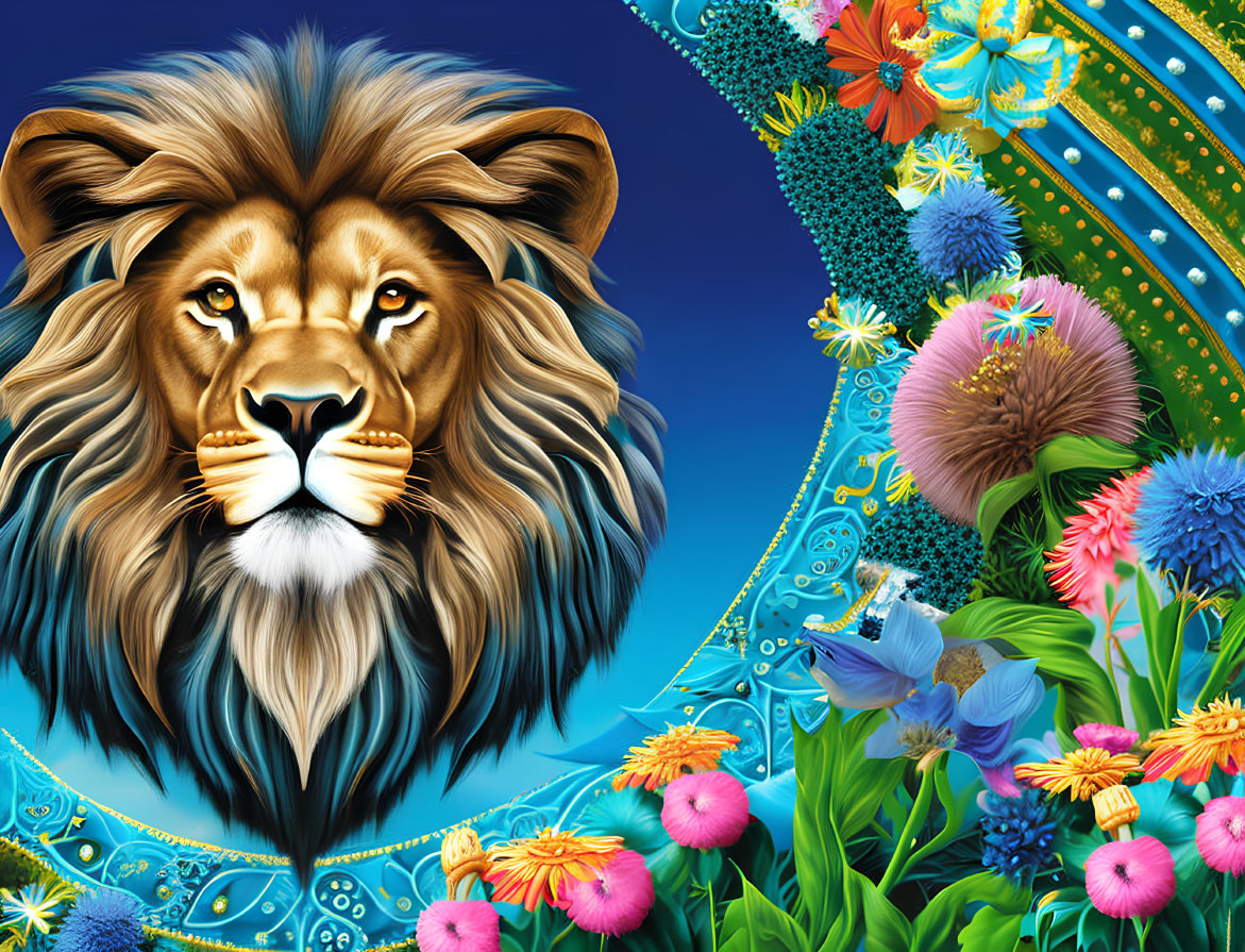 Colorful Lion Head Illustration on Blue Background with Flowers and Patterns