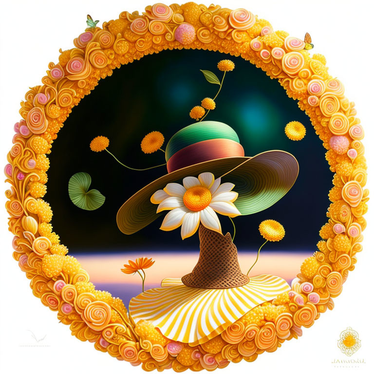 Colorful surreal illustration: Large daisy with hat in circular frame