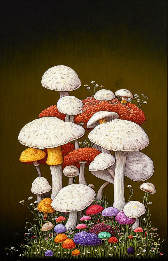 Illustrated Mushrooms in Various Sizes and Colors on Dark Background