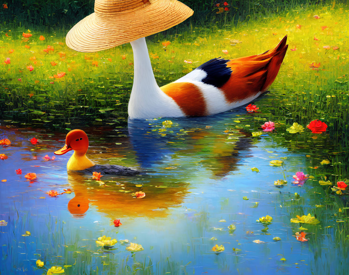 Whimsical painting of large duck in sun hat with smaller duck and water lilies