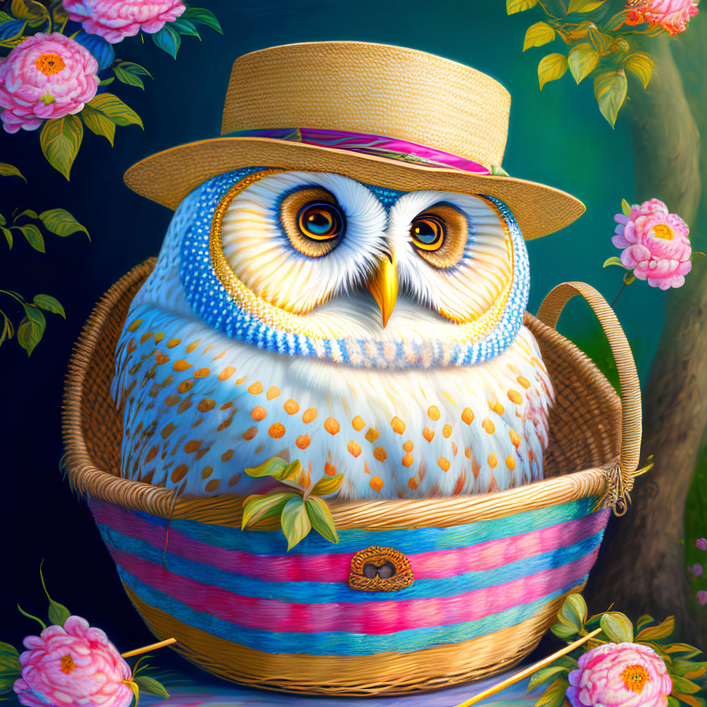 Chubby owl in straw hat nestled in colorful basket with pink flowers