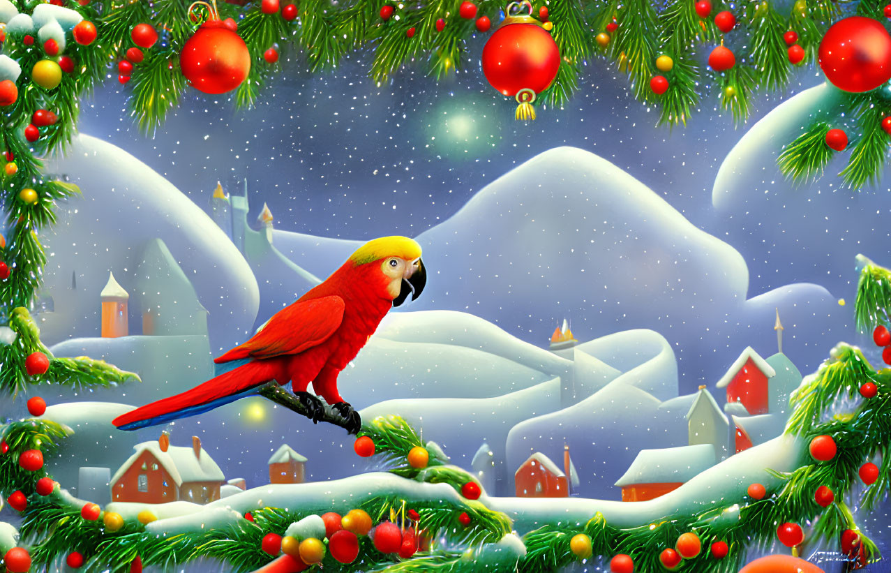 Red parrot on Christmas garland with snowy village background