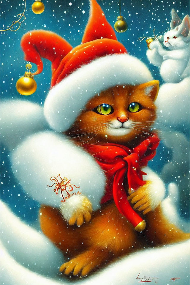 Orange Cat in Santa Hat with Candy Cane and White Kitten