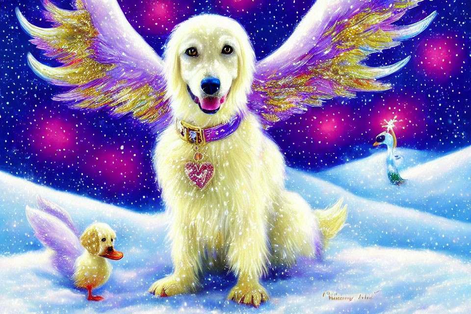 White Dog with Angel Wings and Winged Duckling in Snowy Landscape