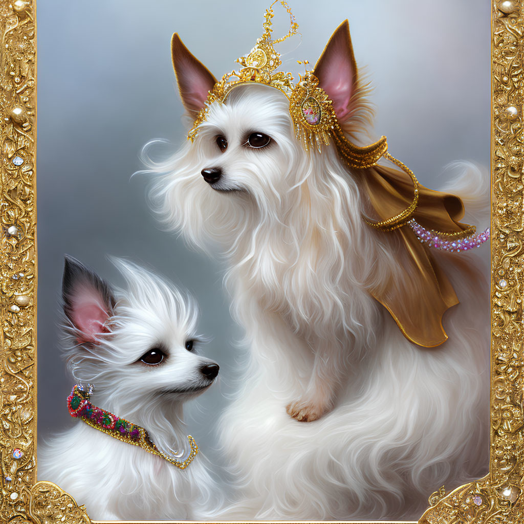 Regal Dogs with Crown, Cape, and Necklace in Golden Frame