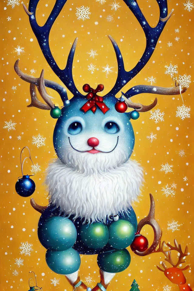 Illustrated whimsical creature with blue face and festive antlers in snowy scene