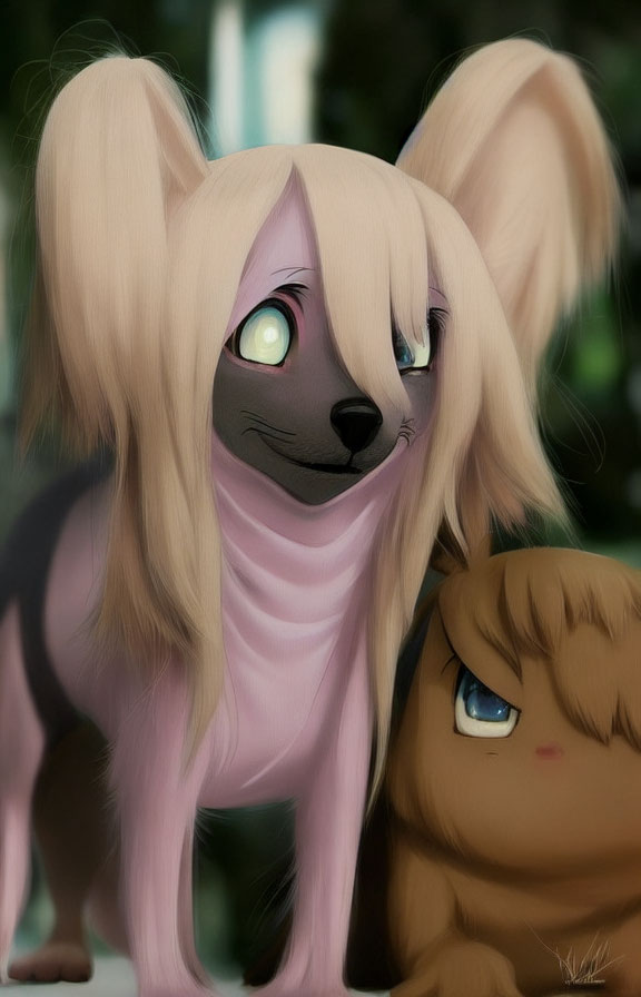 Illustration of two anthropomorphic animals with expressive eyes and human-like hair in pink and brown.