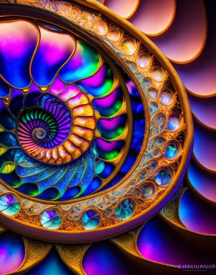 Colorful Spiraling Fractal Art with Iridescent Nautilus Shell Patterns