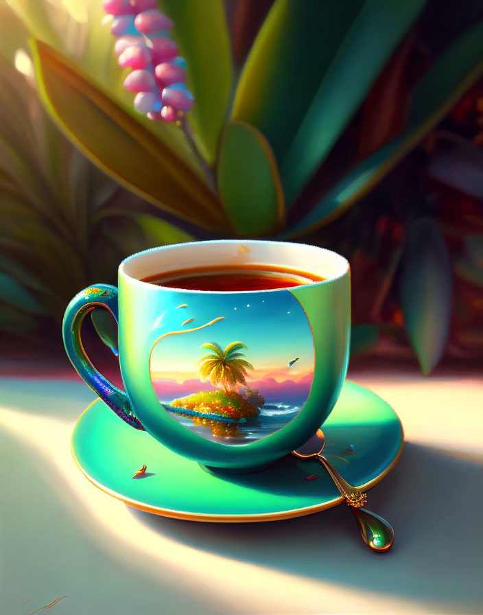 Tropical island reflection in coffee cup with lush foliage and spoon