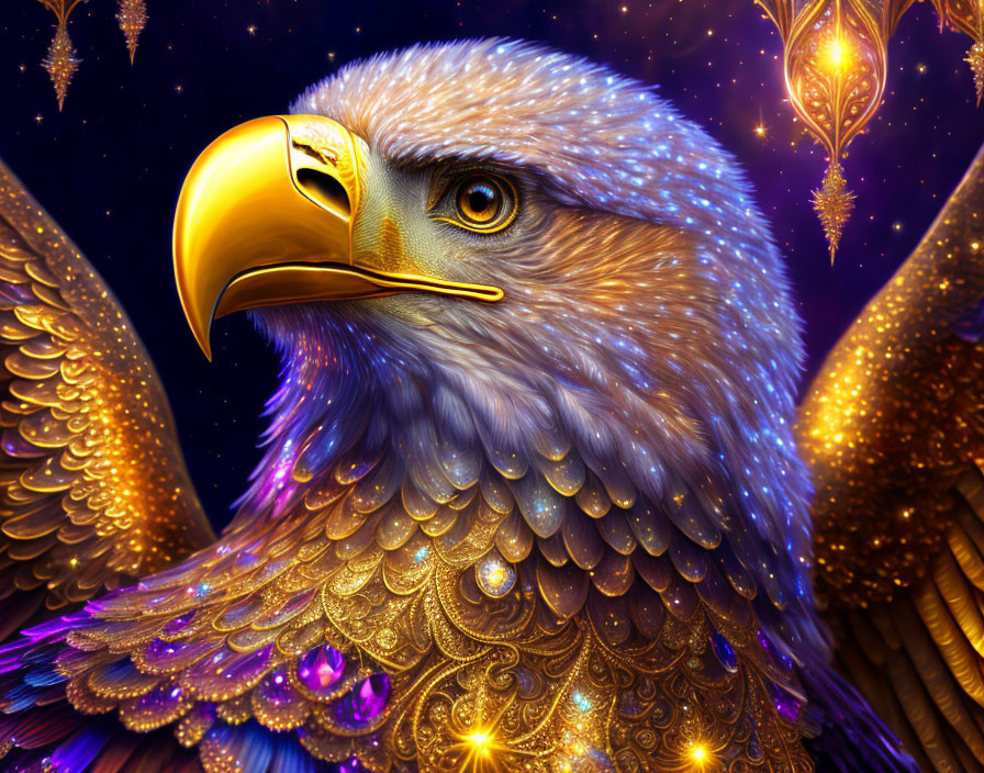 Majestic eagle digital art with golden beak and jeweled feathers