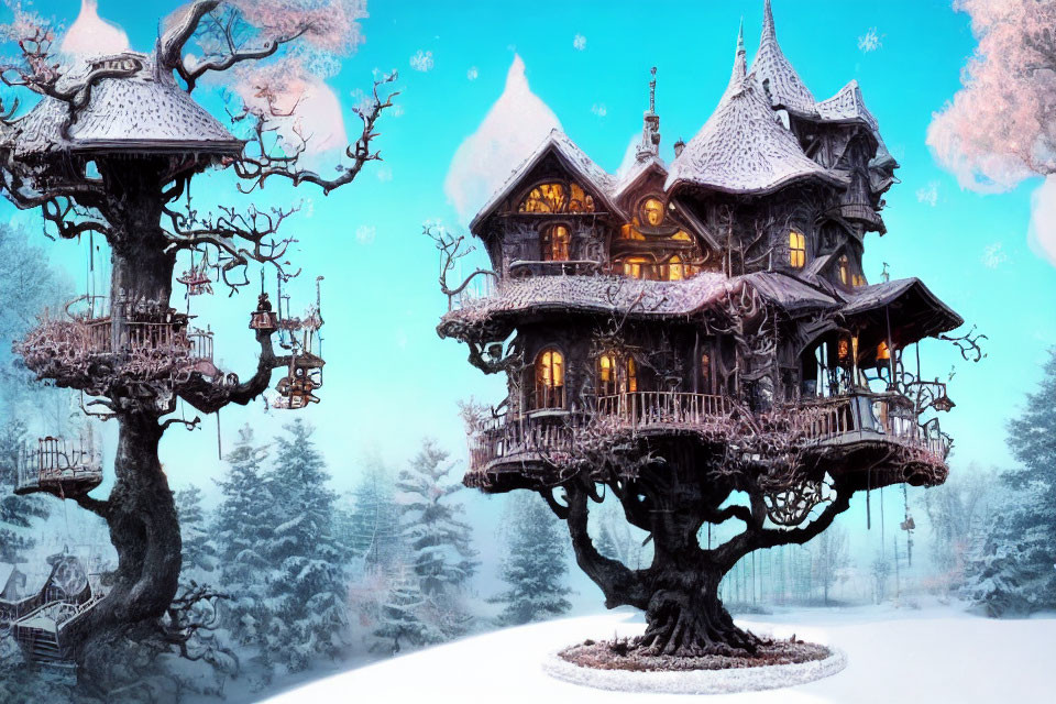 Fantasy treehouse in snowy landscape at twilight