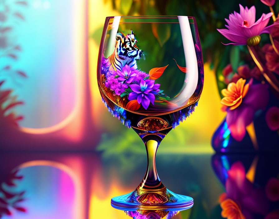 Colorful surreal artwork: Tiger head in wine glass with flowers