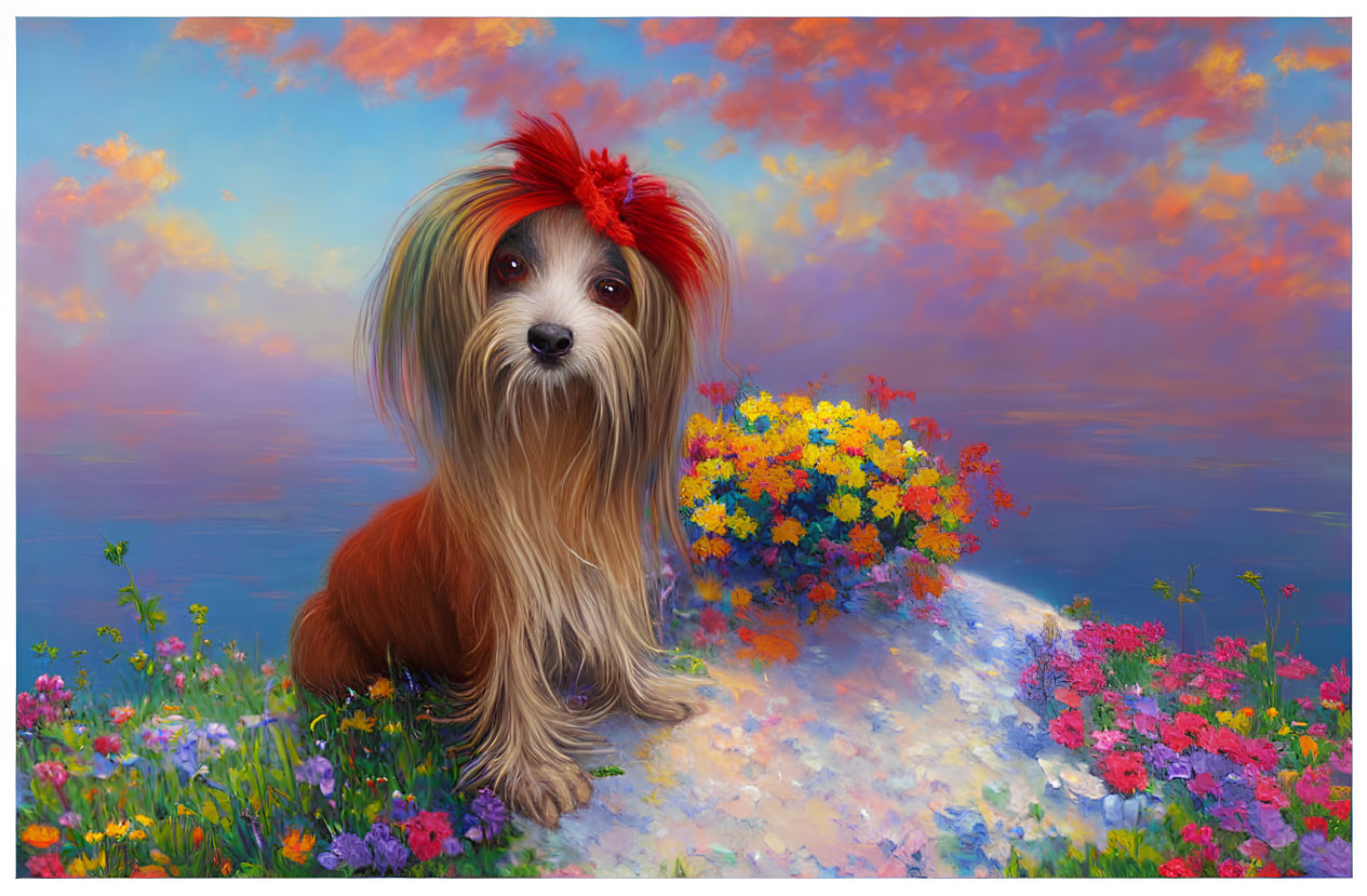 Illustration of fluffy dog with red bow in dreamy setting