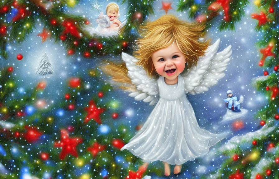 Joyful angelic toddler with wings in vibrant Christmas scene