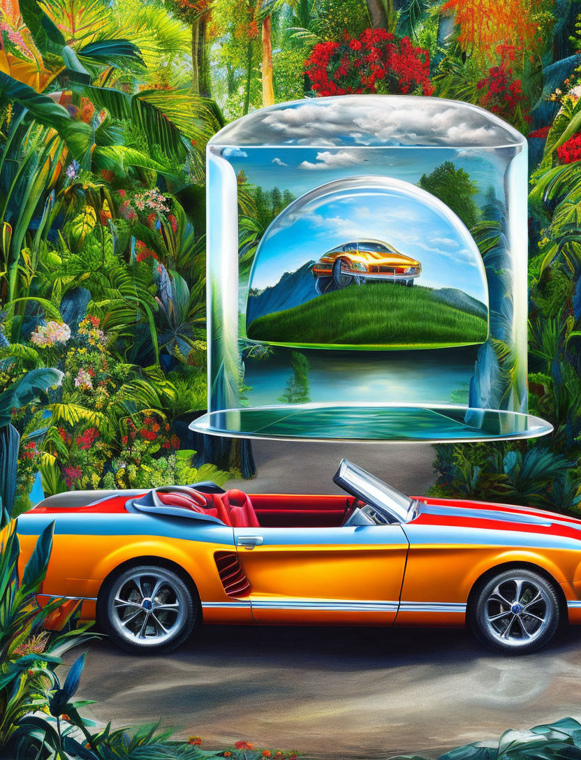 Colorful tropical landscape with floating crystal and yellow car mirrored below