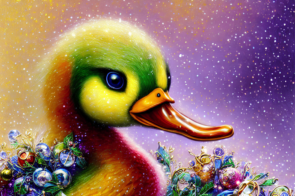 Colorful Duck Illustration Among Berries on Starry Background