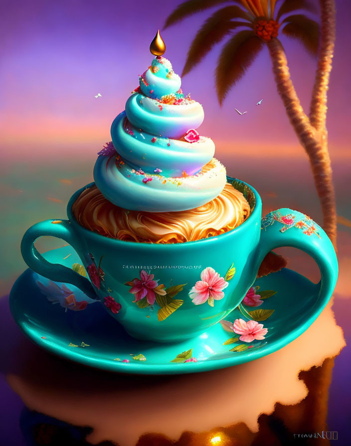 Teal cup with pink floral pattern and caramel cream swirls under dreamy sky