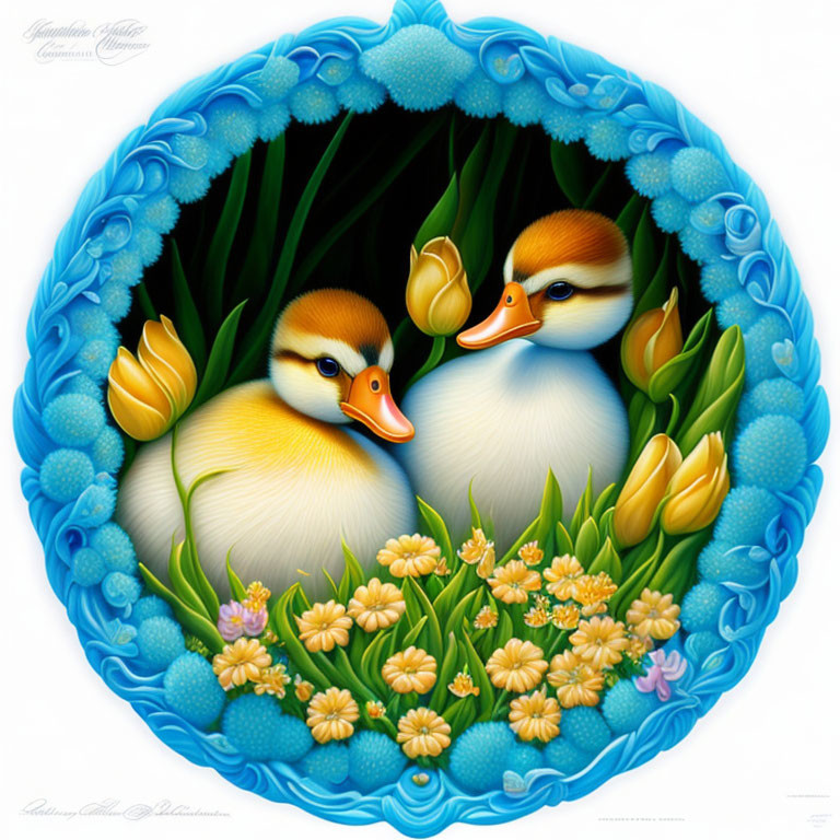 Stylized ducks in ornate oval frame with vibrant flowers