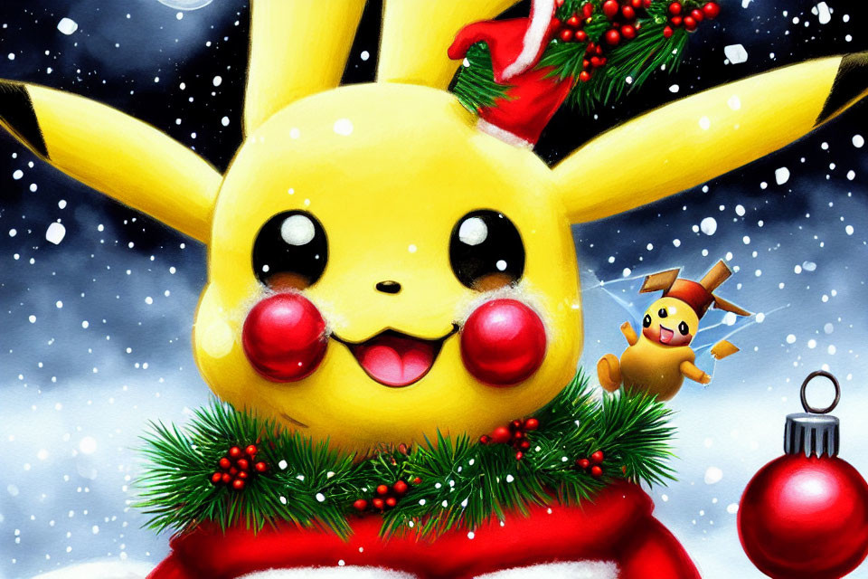 Festive Pikachu illustration with Santa hat and snowflakes