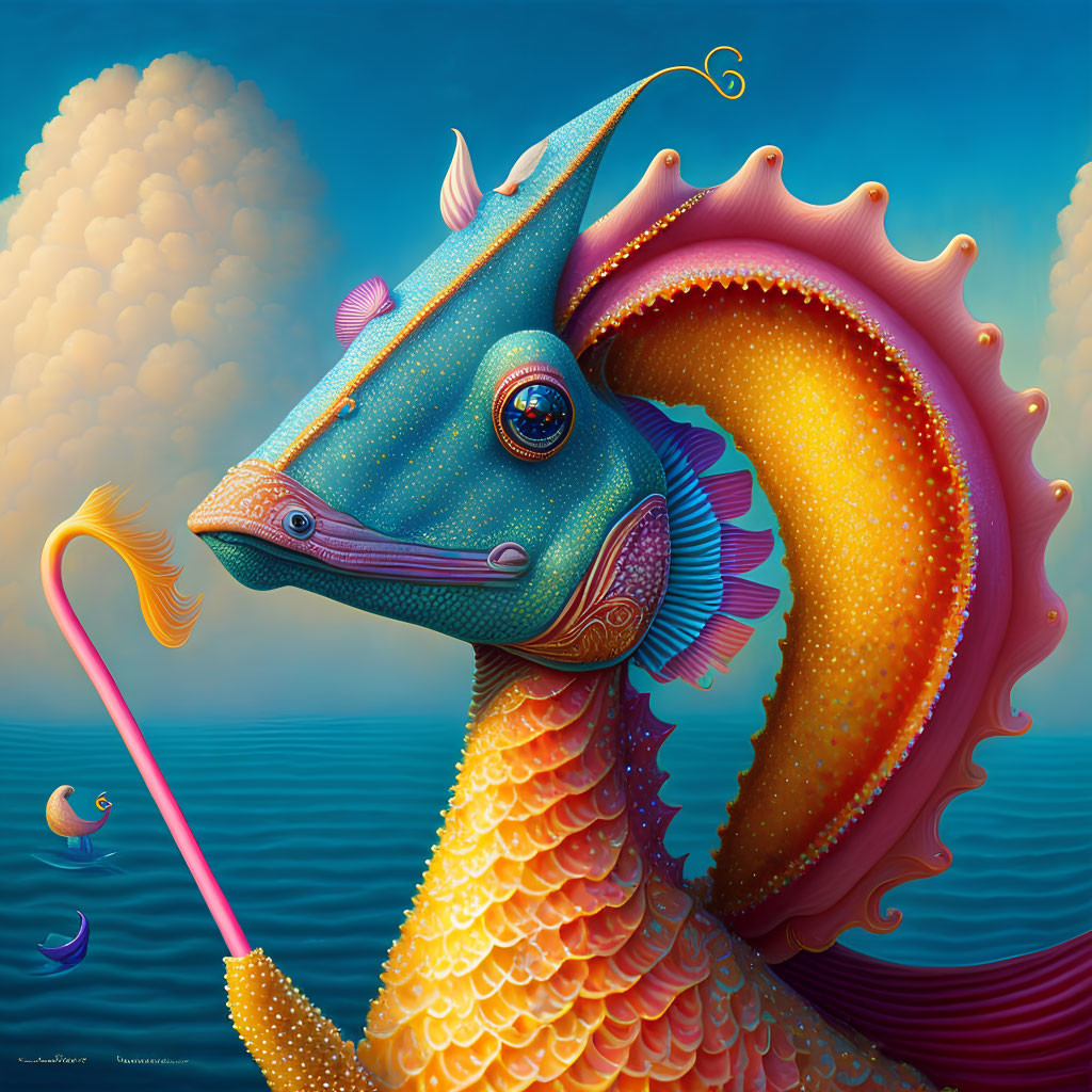 Colorful whimsical seahorse with intricate patterns in vibrant ocean setting