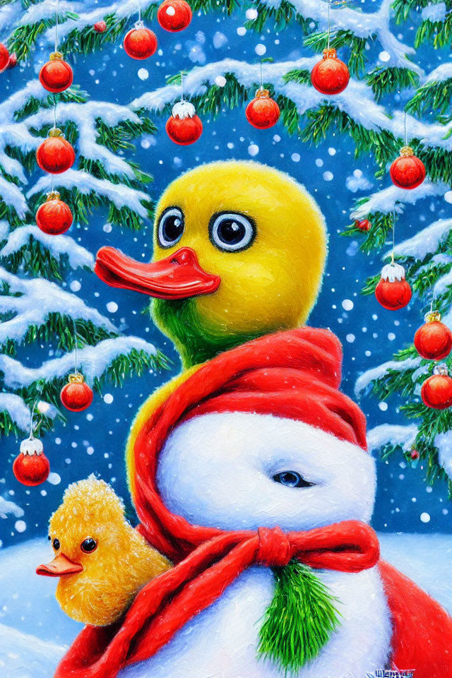 Whimsical painting: Rubber duck & duckling with red scarf, snowman, Christmas tree