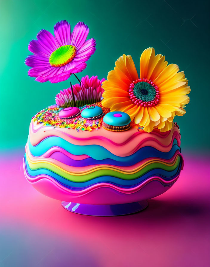 Vibrant icing and flowers on whimsical cake with sprinkles