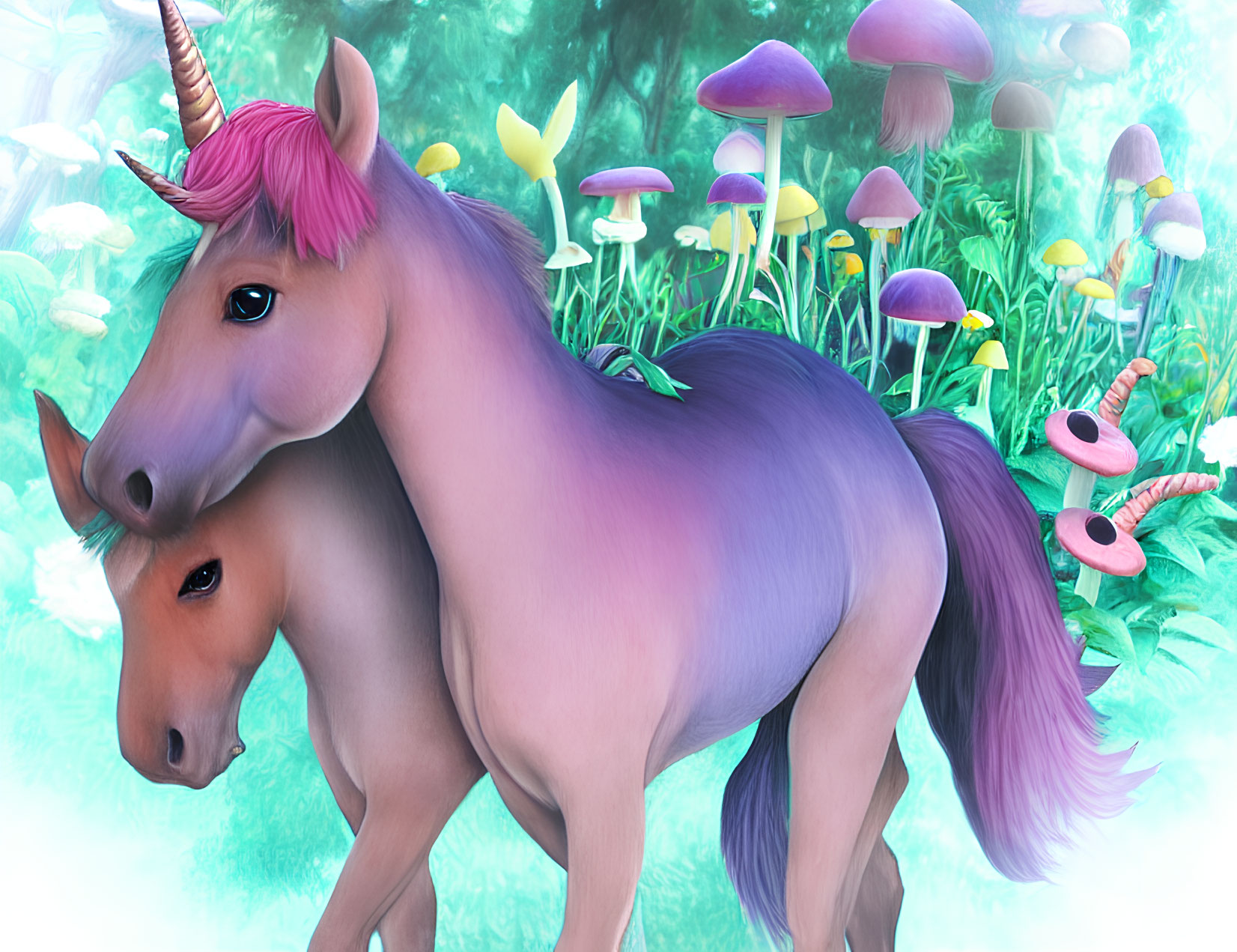 Violet and Brown Unicorns in Magical Forest with Mushrooms and Butterflies