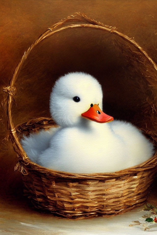 Fluffy white duckling in woven basket against warm brown backdrop