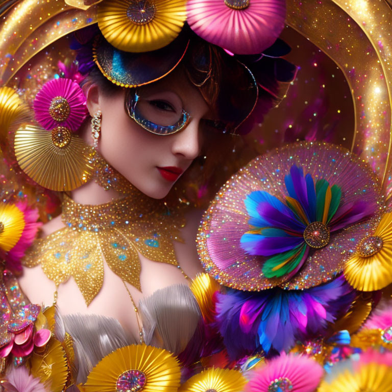 Woman in Golden Attire with Multicolored Fans and Floral Motifs