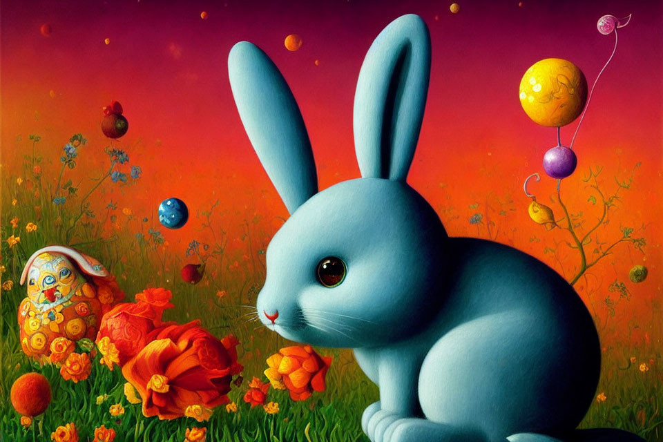 Colorful painting of large blue rabbit in whimsical field with flowers, egg, and bubbles under red