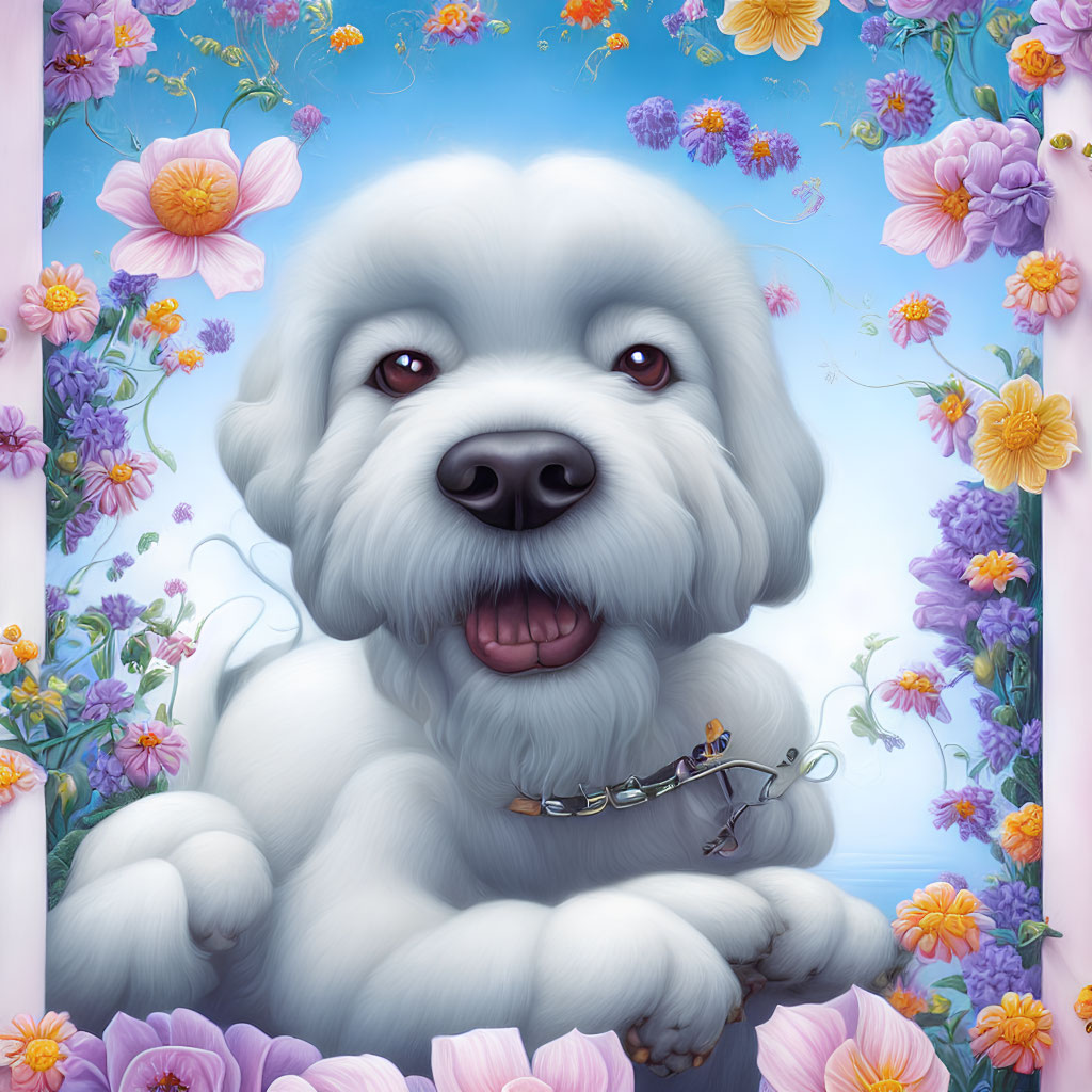 Fluffy White Dog Surrounded by Colorful Flowers on Sky-Blue Background