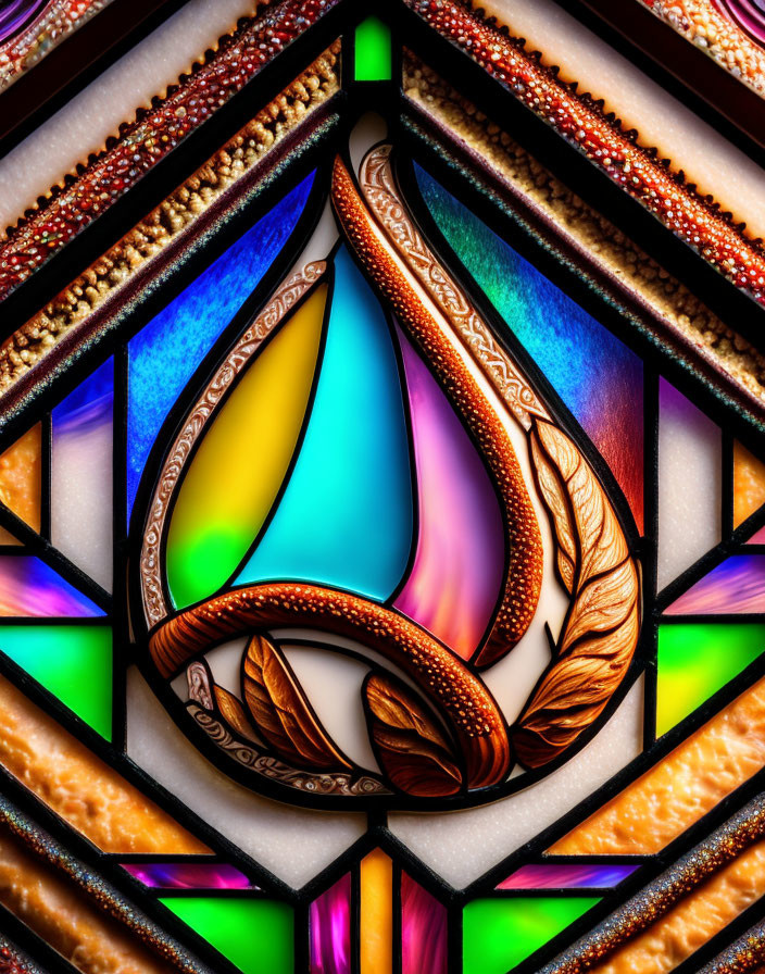 Colorful Stained Glass Window with Flame Motif & Geometric Designs