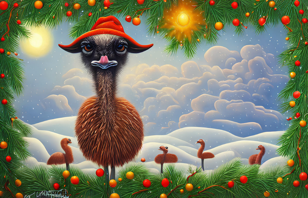 Illustrated ostrich in Santa hat on snowy landscape with fir branches