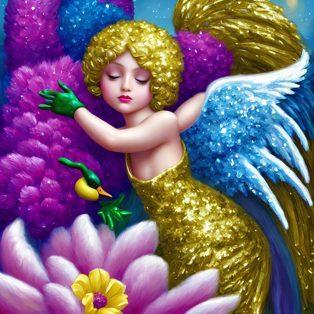 Illustration of angelic child with golden curls, sparkling wings, colorful flowers, and whimsical duck